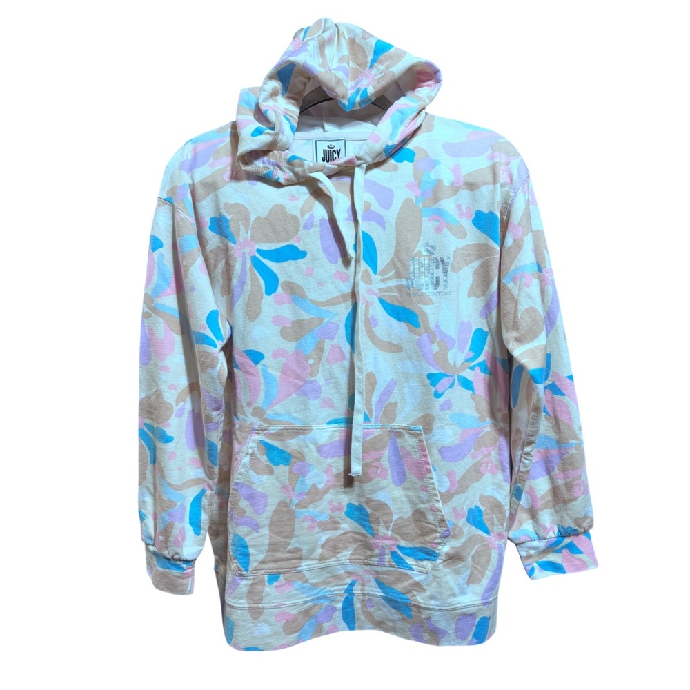 Juicy Couture Hoodie Womens‎ Medium Floral Logo Pastel Y2K Dopamine Pink Blue